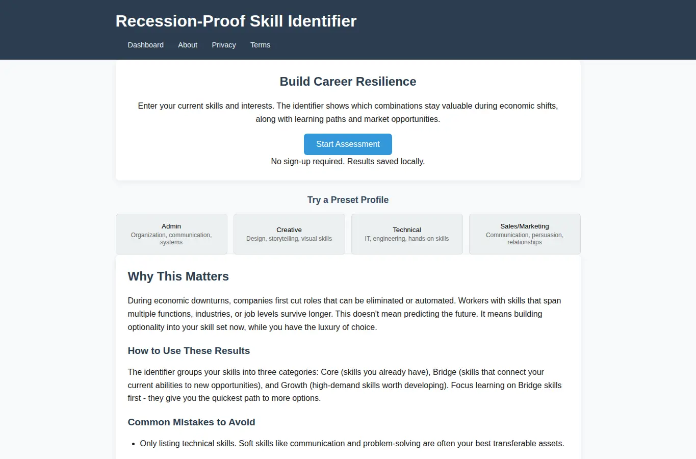 Screenshot of Recession-Proof Skill Identifier interface showing the project page in use